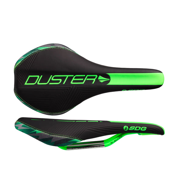 SDG Duster P Mtn saddle, Ti-Alloy rails - Camo/neon green